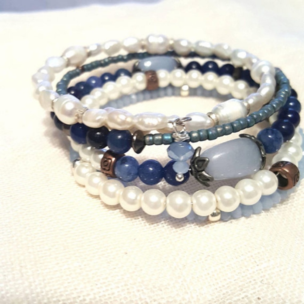 Shabby Chic 5 Layer Pearly Blue Lapis Bracelet - Picture 4 of 8